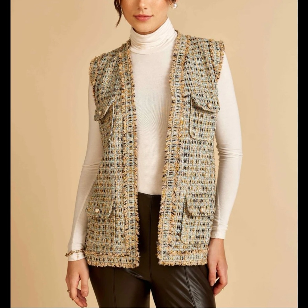 Molci Frayed Tweed Longline Blazer Vest‎ Size 36 / US S Open Front White Multi - Picture 2 of 16
